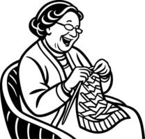 Elderly Woman Knitting with Joy in Cozy Chair Crafting Warm Creations for Family vector