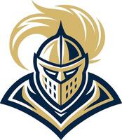 Bold Knight Helmet Logo with Flowing Hair Design for Sports Team Branding and Merchandise vector