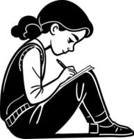 Young Girl Deeply Concentrated While Sketching in Notebook Sitting on Floor vector