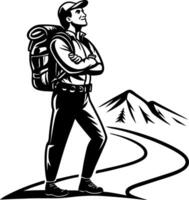 Adventurous Hiker with Backpack Standing on Trail Against Mountain Landscape vector