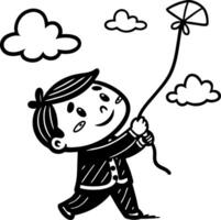 Happy Boy Flying a Kite in the Sky Surrounded by Playful Clouds Ideal for Coloring Books vector