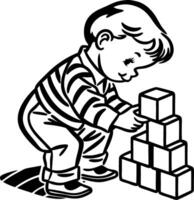 Cute Boy Playing with Building Blocks in Classic Style for Educational Illustrations vector