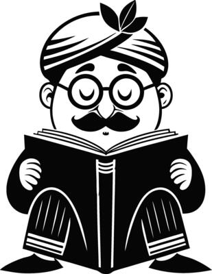 Cheerful Character Reading Book with Spectacles and Traditional Attire for Educational Themes
