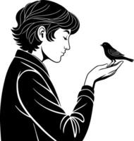 Person Holding Bird Symbolizing Freedom and Connection in Minimalist Black and White Style vector