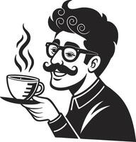 Hipster Man Drinking Coffee Illustration with Stylish Mustache and Glasses vector