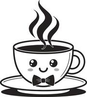 Cute Smiling Coffee Cup with Steam and Bowtie Ideal for Fun Graphic Designs and Coloring Books vector