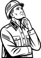 Thoughtful Soldier in Uniform Wearing Helmet Reflecting on Strategy and Decisions vector