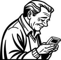 Elderly Man Enjoying Technology Using Mobile Device Black and White vector