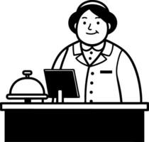 Receptionist at Front Desk with Computer and Cloche Symbolizing Customer Service and Hospitality vector