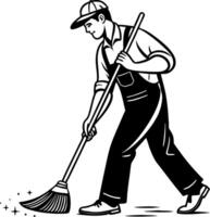 Manual Worker Sweeping Floor with Broom in Classic Style Graphic for Cleanliness Projects vector