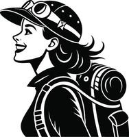 Adventurous Female Hiker Smiling with Backpack and Cap for Travel and Outdoor Themes vector
