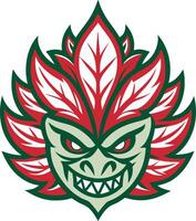 Menacing Leaf Creature Face Design with Vivid Red and Green Colors for Unique Tattoo and Apparel vector