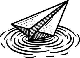 Paper Boat Floating on Water Waves Black and White Illustration for Childrens Art Projects vector