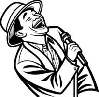 Vintage Singer Enjoying Performance with Microphone in Classic Suit and Hat vector