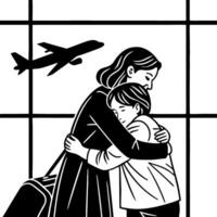 Emotional Farewell Between Mother and Child at Airport with Airplane in Background vector