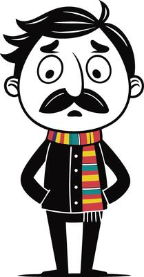 Worried Man Character with Mustache and Colorful Scarf Stylish Illustration