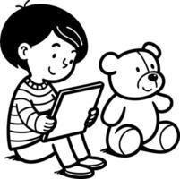 Cute Child Reading on Tablet with Teddy Bear Ideal for Coloring Book and Educational Materials vector