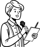 Cheerful Person Holding Microphone and Notepad for Public Speaking or Presentation vector