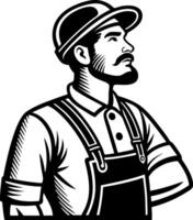 Vintage Worker Portrait with Cap and Mustache in Classic Overalls for Retro Design Projects vector