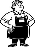 Cheerful Male Character in Apron with Cap Smiling Standing Confidently for Cartoon Style Designs vector