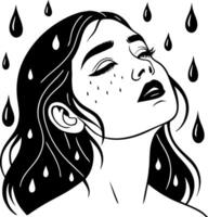 Expression of Emotions with a Serene Woman Surrounded by Raindrops in Black and White vector