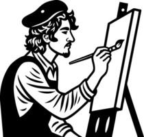 Artistic Painter Creating Masterpiece with Brush on Canvas in Vintage Style Illustration vector