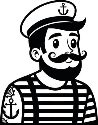 Stylized Sailor Character with Tattoos in Striped Shirt and Captain Hat for Creative Projects