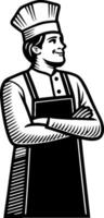 Smiling Chef Character Wearing Chef Hat and Apron in Confident Pose for Culinary Designs vector