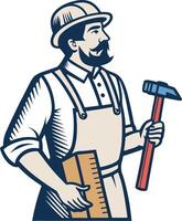 Vintage Carpenter Holding Hammer and Ruler in Work Attire for Craftsmanship and DIY Projects vector