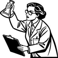 Female Scientist Holding Flask and Clipboard in Lab Setting for Educational and Creative Projects vector