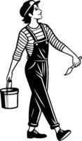 Joyful Gardener Walking with Bucket and Trowel in Stylish Overalls for Creative Projects vector