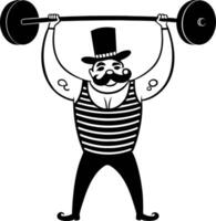 Vintage Strongman Lifting Barbell in Striped Tank Top with Top Hat Mustache Character vector