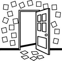 Open Door Surrounded by Floating Pictures Ideal for Creative Projects and Coloring Activities vector