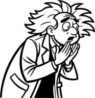 Worried Scientist Character with Wild Hair Expressing Concern in Black and White Outline Style vector