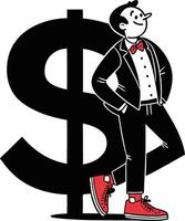 Stylish Cartoon Character Posing with Dollar Sign Represents Wealth and Success vector
