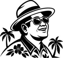 Cheerful Man in Sunglasses and Hat Surrounded by Tropical Palm Trees and Floral Patterns vector