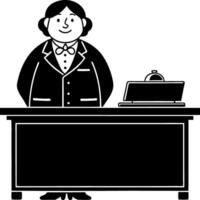 Cheerful Receptionist in Suit Standing at Desk with Bell for Professional Use vector