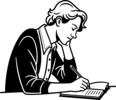 Young Man Writing in Notebook with Concentration for Creative Projects and Inspiration vector