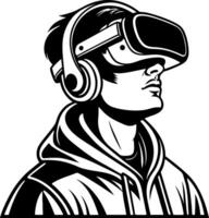 Young Man Wearing Virtual Reality Headset with Headphones in a Hoodie vector