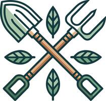 Gardening Tools Crossed Design with Leaves Ideal for Crafts and Nature-Themed Projects vector