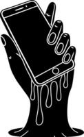 Black Hand Holding Dripping Smartphone with Abstract Melting Effect for Graphic Design Projects vector
