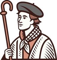 Shepherd Character with Walking Stick and Beret for Illustrations and Coloring Activities vector