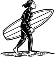 Female Surfer Walking on Beach with Surfboard in Waves Dynamic Action Illustration vector
