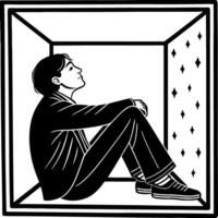 Contemplative Man Sitting Inside a Box Representing Isolation and Reflection vector