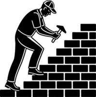 Construction Worker Building Wall with Hammer and Bricks for Home Improvement Projects vector