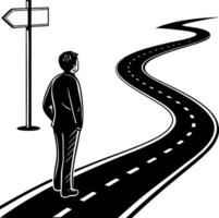 Man Standing Before Winding Road and Directional Sign Symbolizing Life Choices and Journeys vector