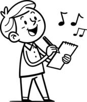 Cheerful Boy Writing Music Notes Delightfully on Notepad for Creative Expression vector
