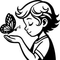 Whimsical Child Gently Holding Butterfly Illustrating Innocence and Connection with Nature vector