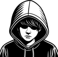 Mysterious Youth in Hoodie Black and White Line Art Illustration for Graphic Design vector