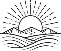 Sunrise Over Mountains and Waves Minimalist Line Art for Nature Lovers and Tattoo Designs vector